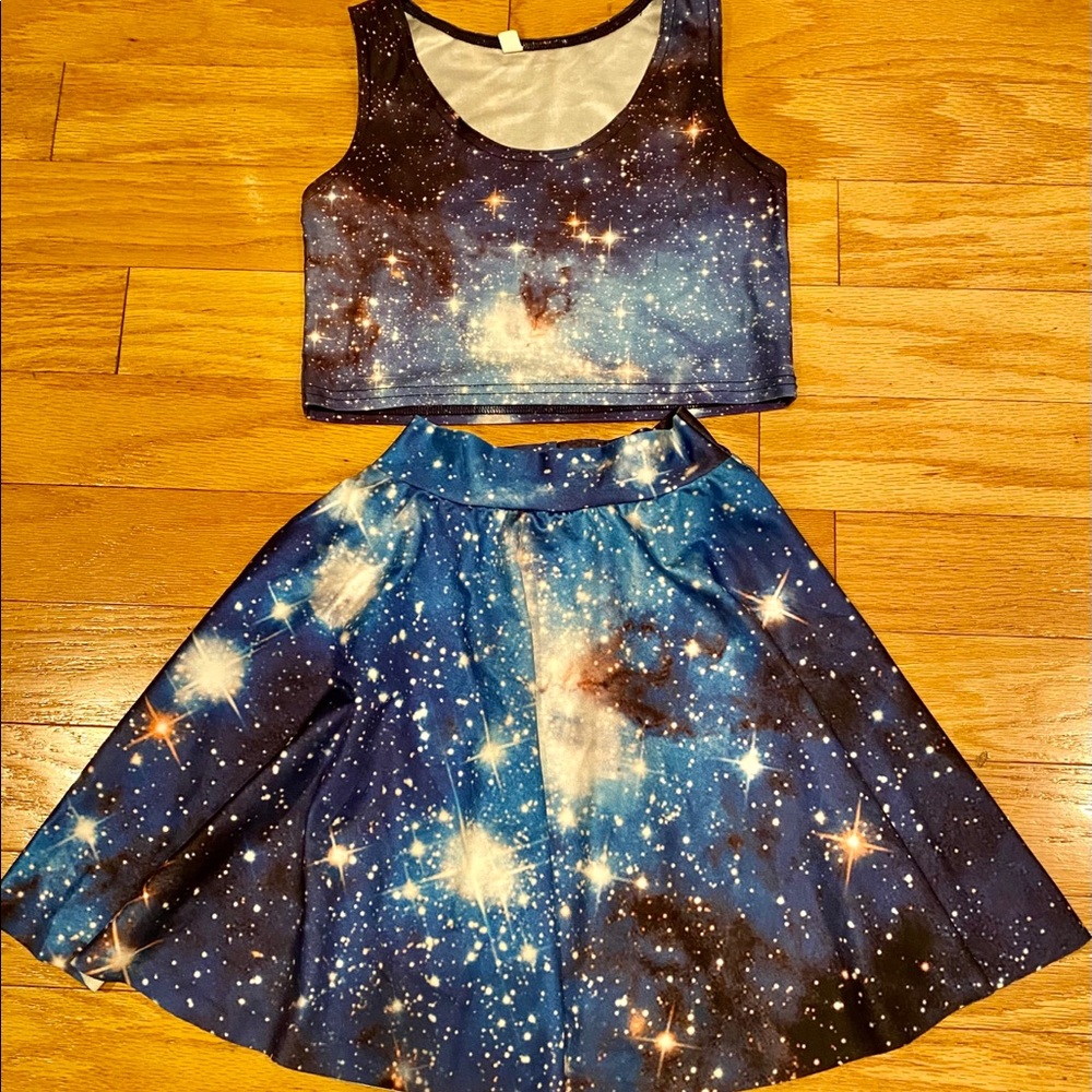 Girls Galaxy 2 Pc Top & Skater Skirt Sz 10